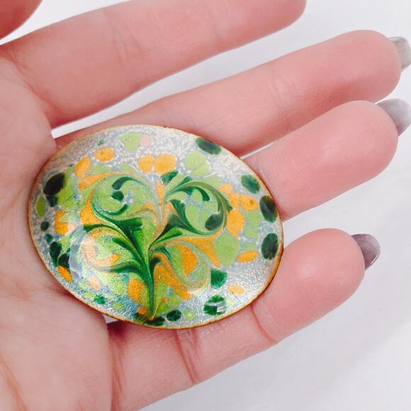 Mid Century Enamel Brooch Signed Inga Copper Abstract Floral Vintage Pin - Picture 2 of 7